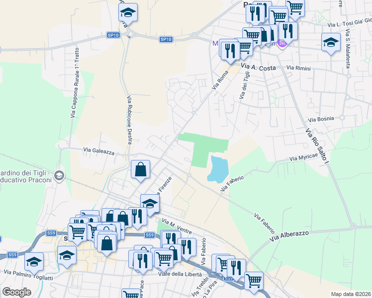 map of restaurants, bars, coffee shops, grocery stores, and more near 50 Via della Repubblica in Savignano sul Rubicone