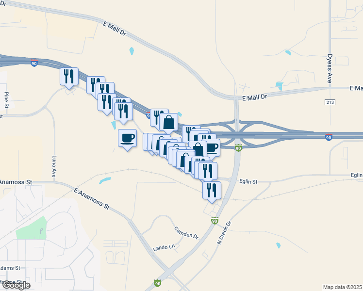 map of restaurants, bars, coffee shops, grocery stores, and more near 1612 Eglin Street in Rapid City