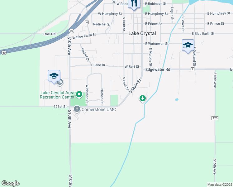 map of restaurants, bars, coffee shops, grocery stores, and more near 4 Colwyn Way in Lake Crystal