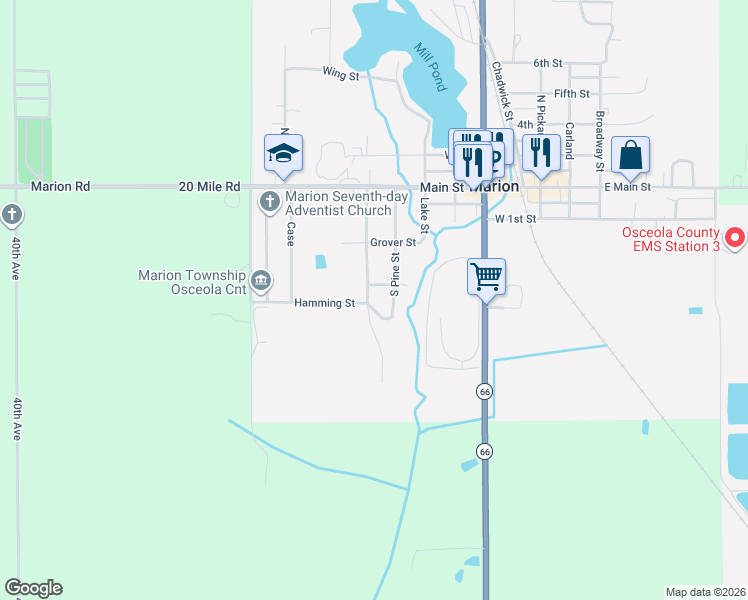 map of restaurants, bars, coffee shops, grocery stores, and more near 303 South Blevins Street in Marion
