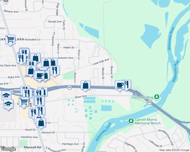 map of restaurants, bars, coffee shops, grocery stores, and more near 2338 Moore Street in Eugene