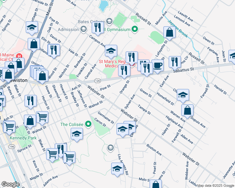 map of restaurants, bars, coffee shops, grocery stores, and more near 8 Orange Street in Lewiston