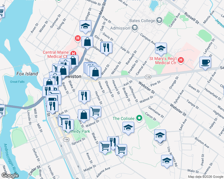 map of restaurants, bars, coffee shops, grocery stores, and more near 48 Shawmut Street in Lewiston