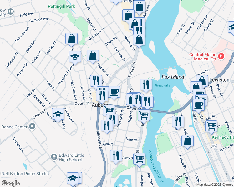 map of restaurants, bars, coffee shops, grocery stores, and more near 31 Spring Street in Auburn