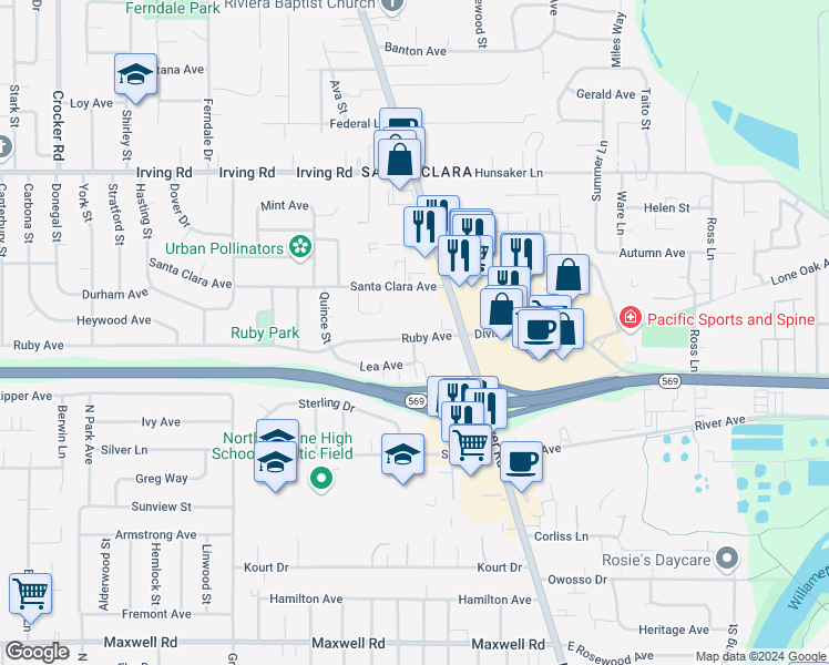 map of restaurants, bars, coffee shops, grocery stores, and more near 105 Ruby Avenue in Eugene