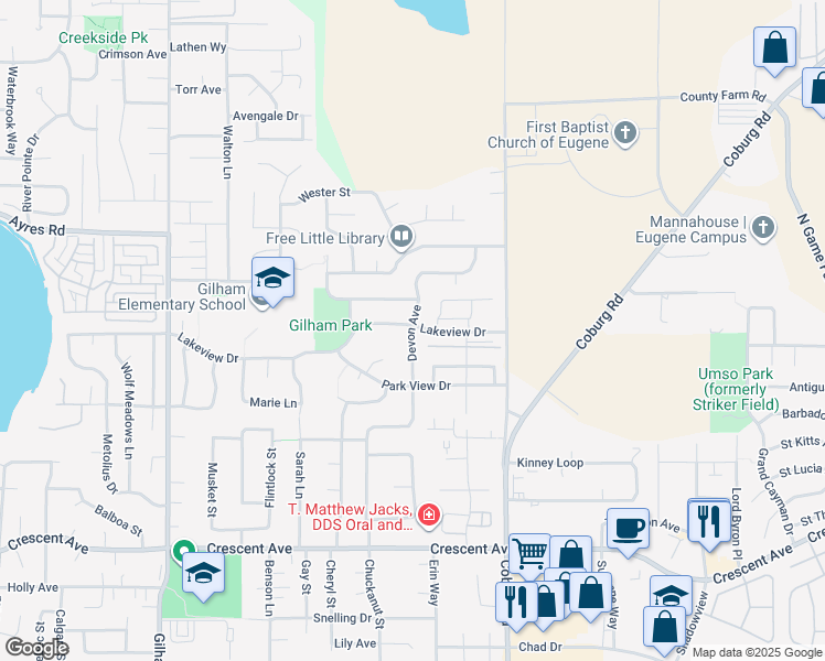 map of restaurants, bars, coffee shops, grocery stores, and more near 2410 Lakeview Drive in Eugene