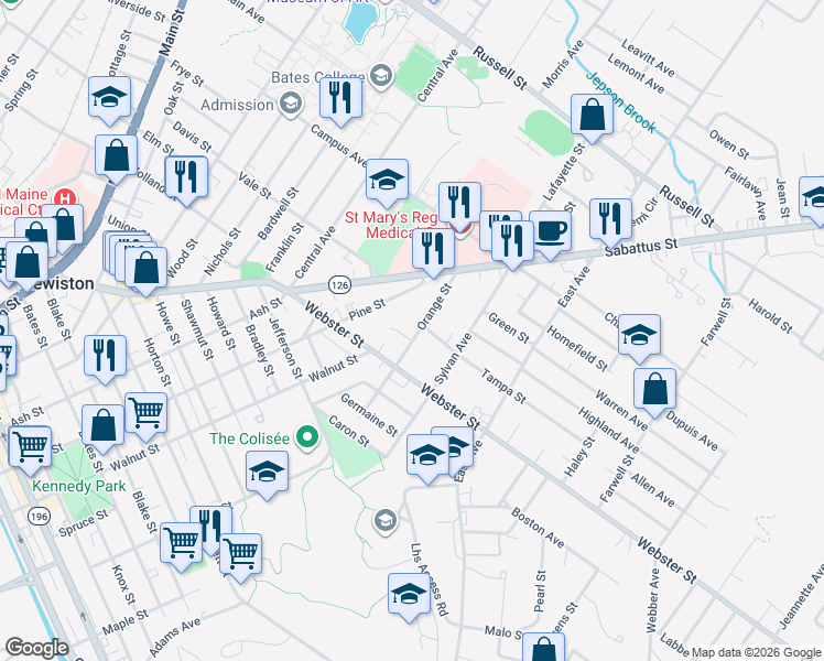 map of restaurants, bars, coffee shops, grocery stores, and more near 8 Orange Street in Lewiston
