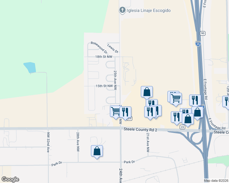 map of restaurants, bars, coffee shops, grocery stores, and more near 20 Clark Drive in Owatonna