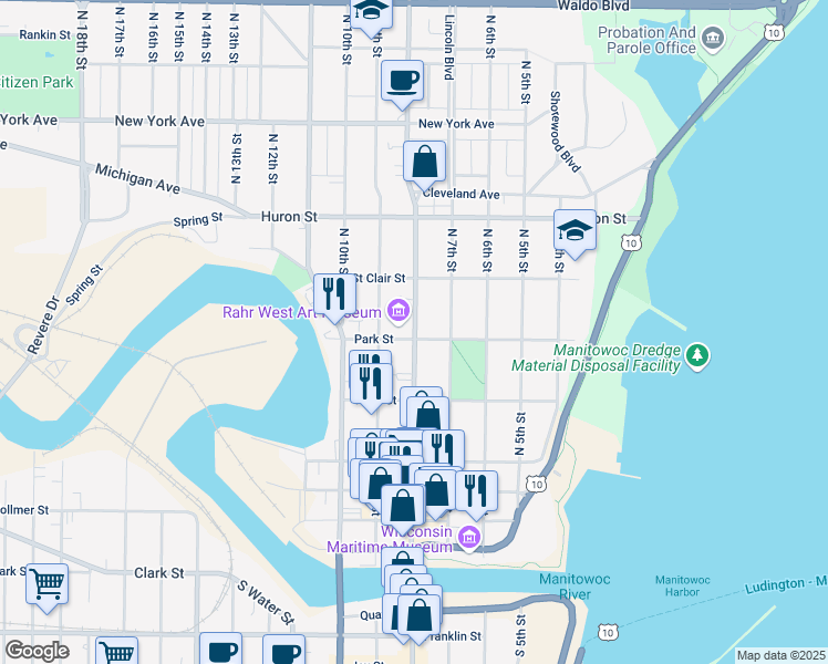 map of restaurants, bars, coffee shops, grocery stores, and more near 610 North 8th Street in Manitowoc