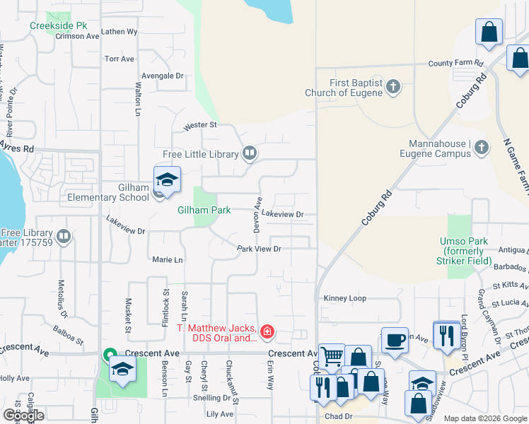 map of restaurants, bars, coffee shops, grocery stores, and more near 2550 Lakeview Drive in Eugene