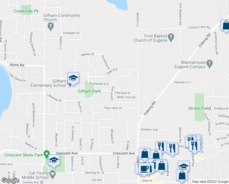 map of restaurants, bars, coffee shops, grocery stores, and more near 2430 Lakeview Drive in Eugene