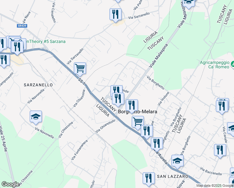 map of restaurants, bars, coffee shops, grocery stores, and more near 33 Viale Malaspina in Borghetto-melara