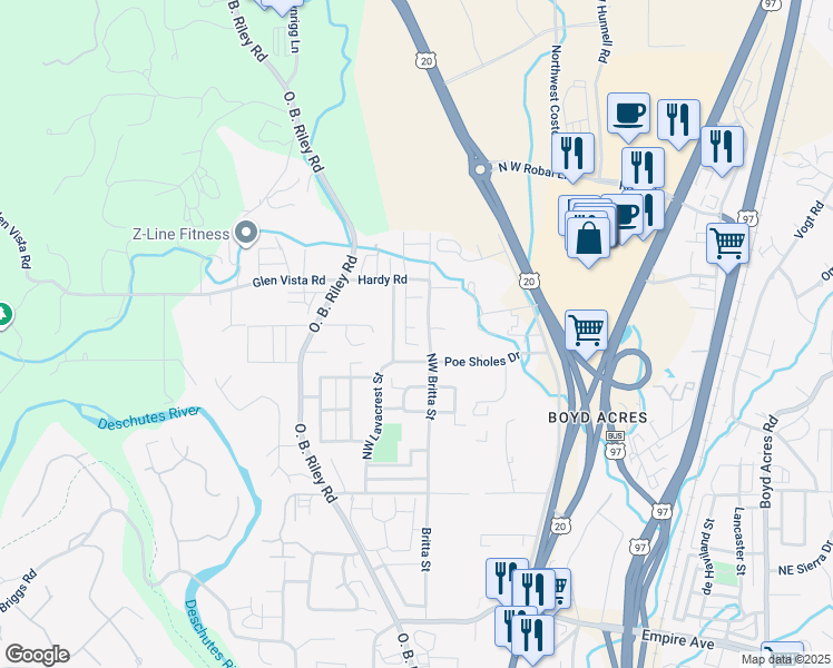map of restaurants, bars, coffee shops, grocery stores, and more near 20290 Poe Sholes Drive in Bend