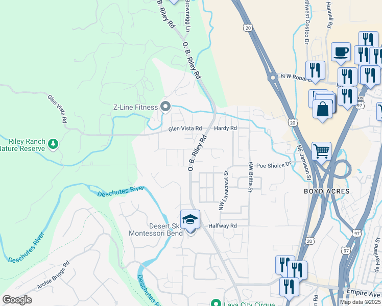 map of restaurants, bars, coffee shops, grocery stores, and more near 63301 O. B. Riley Road in Bend