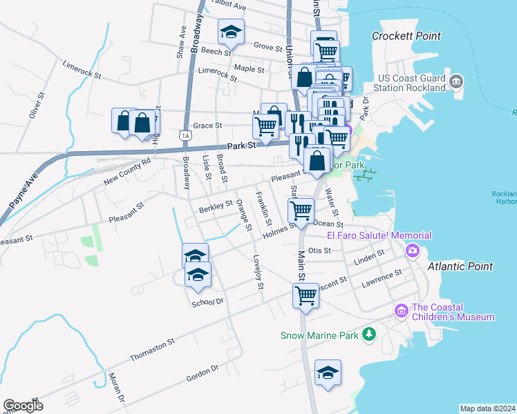 map of restaurants, bars, coffee shops, grocery stores, and more near 19 Orange Street in Rockland