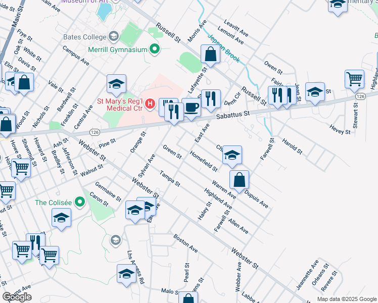 map of restaurants, bars, coffee shops, grocery stores, and more near 13 Homefield Street in Lewiston