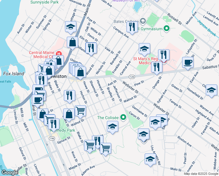 map of restaurants, bars, coffee shops, grocery stores, and more near 56 Howard Street in Lewiston
