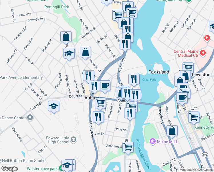 map of restaurants, bars, coffee shops, grocery stores, and more near 31 Spring Street in Auburn