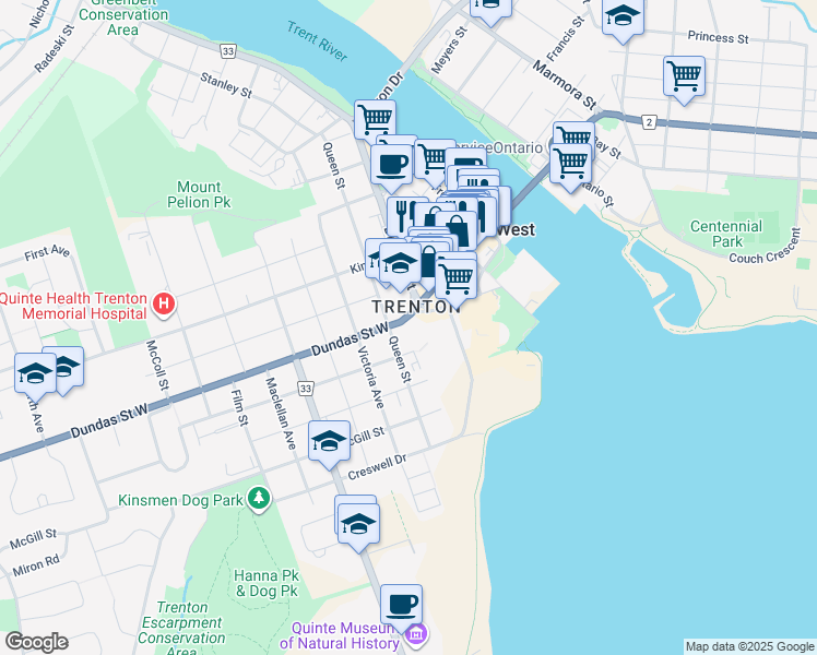 map of restaurants, bars, coffee shops, grocery stores, and more near in Quinte West