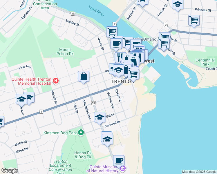 map of restaurants, bars, coffee shops, grocery stores, and more near in Quinte West