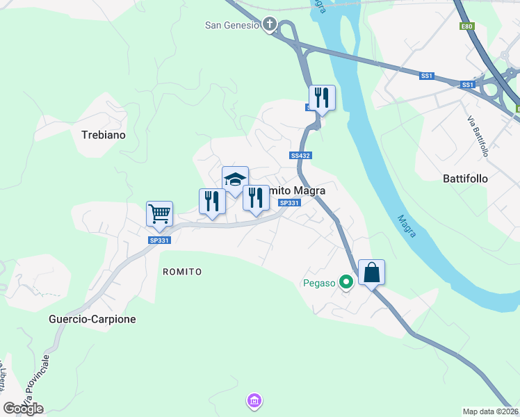 map of restaurants, bars, coffee shops, grocery stores, and more near in Romito Magra