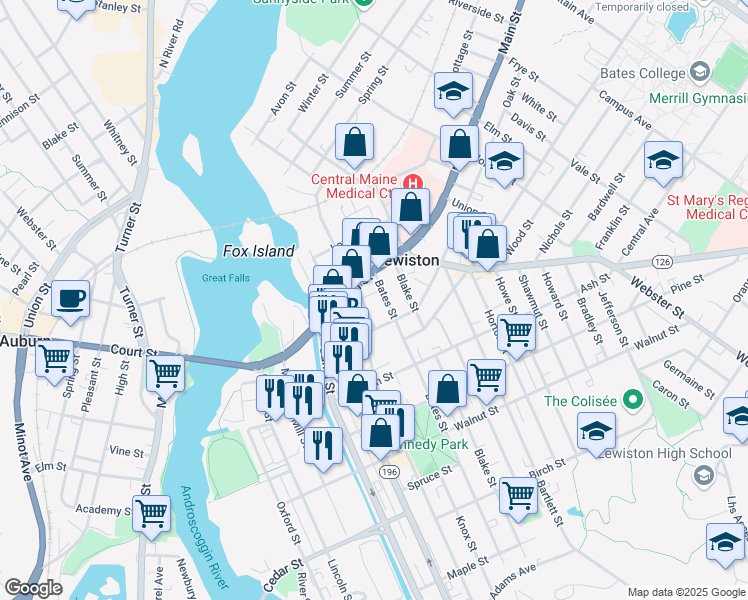 map of restaurants, bars, coffee shops, grocery stores, and more near 117 Middle Street in Lewiston