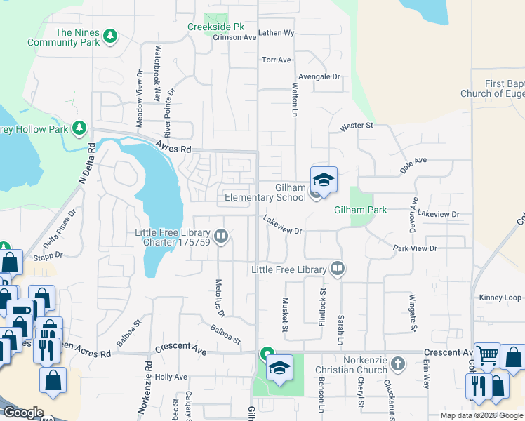 map of restaurants, bars, coffee shops, grocery stores, and more near 3195 Powder River Drive in Eugene