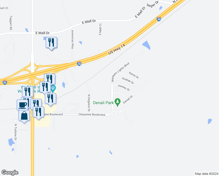 map of restaurants, bars, coffee shops, grocery stores, and more near 619 Northern Lights Boulevard in Box Elder