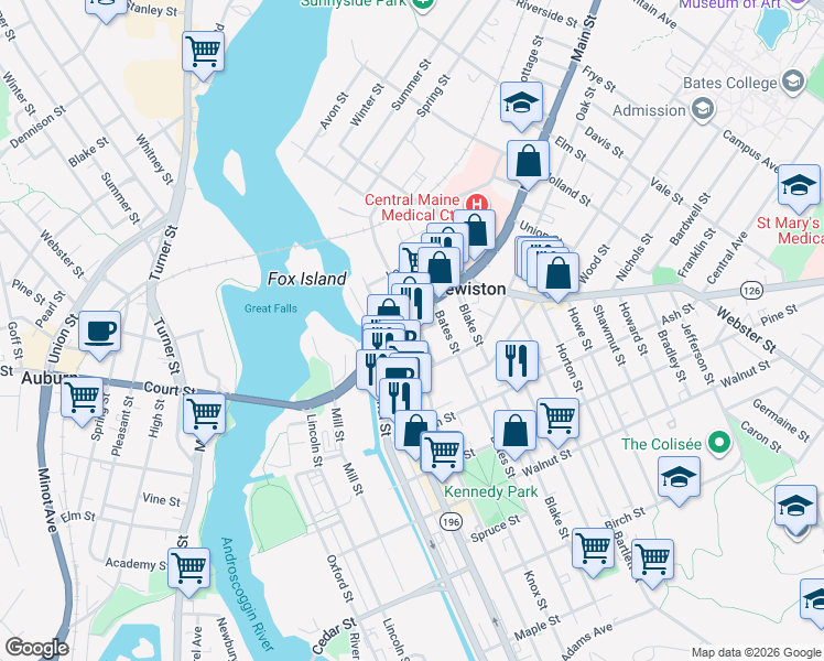 map of restaurants, bars, coffee shops, grocery stores, and more near 117 Middle Street in Lewiston
