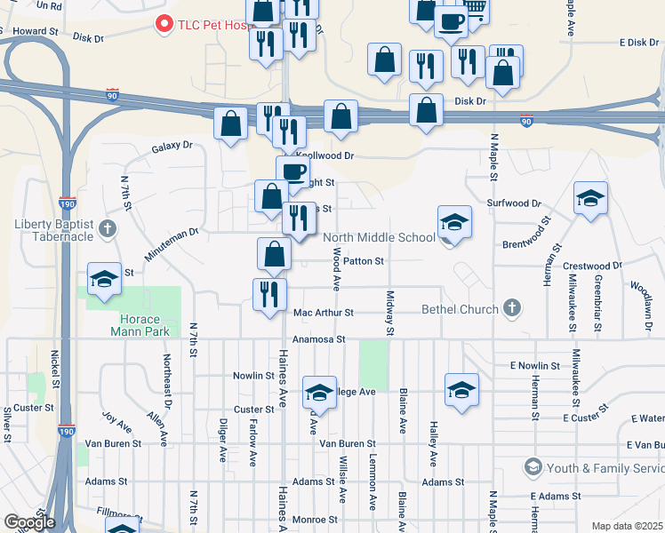 map of restaurants, bars, coffee shops, grocery stores, and more near 314 Doolittle St in Rapid City