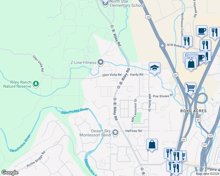 map of restaurants, bars, coffee shops, grocery stores, and more near 63301 O. B. Riley Road in Bend