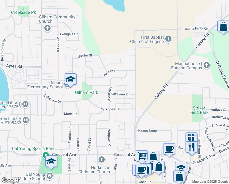 map of restaurants, bars, coffee shops, grocery stores, and more near 2430 Belle Terra Drive in Eugene