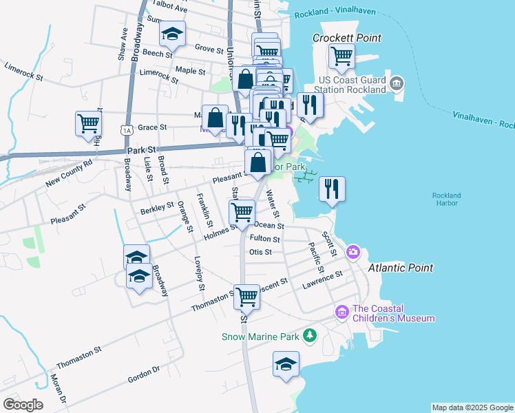 map of restaurants, bars, coffee shops, grocery stores, and more near 14 Ocean Street in Rockland