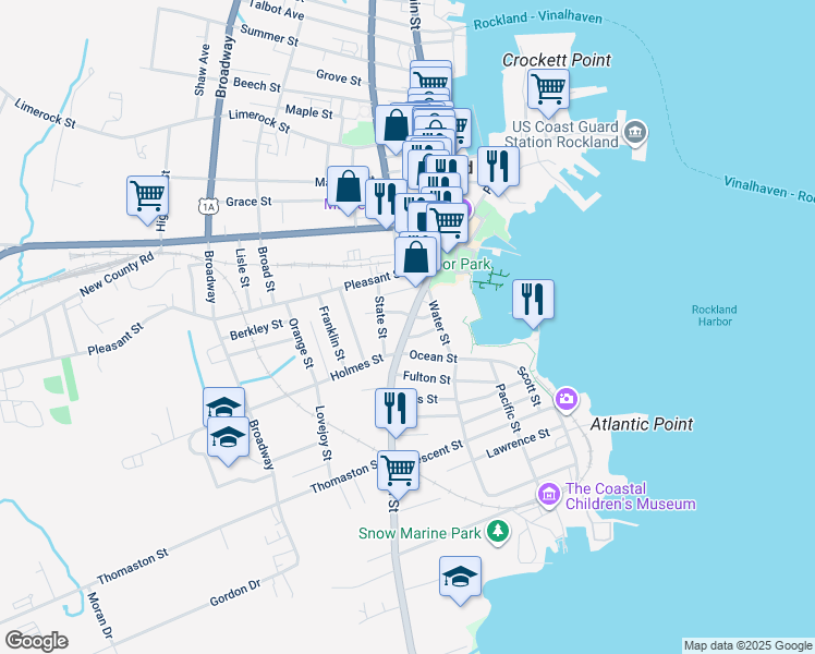 map of restaurants, bars, coffee shops, grocery stores, and more near 14 Ocean Street in Rockland