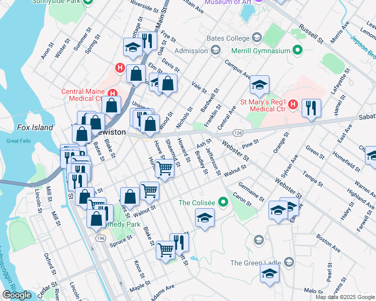 map of restaurants, bars, coffee shops, grocery stores, and more near 56 Howard Street in Lewiston