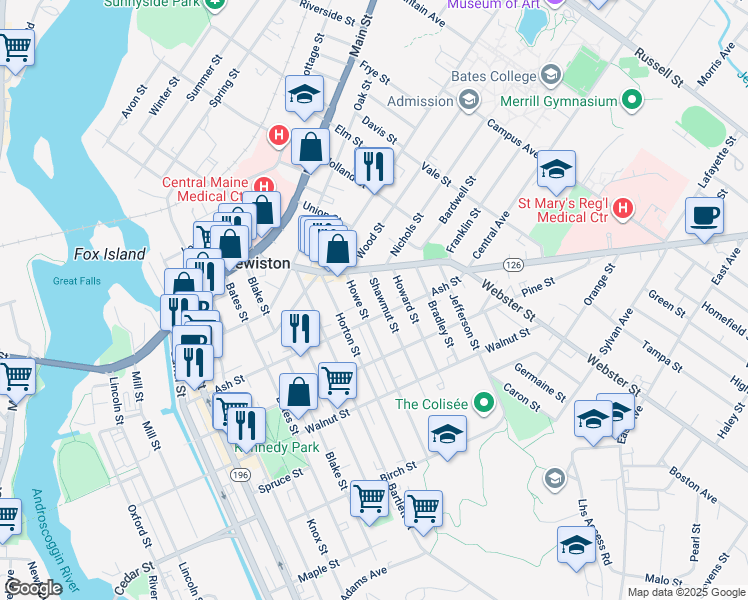 map of restaurants, bars, coffee shops, grocery stores, and more near 143 Ash Street in Lewiston