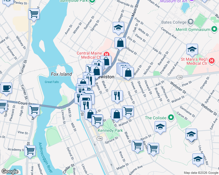 map of restaurants, bars, coffee shops, grocery stores, and more near 70 Blake Street in Lewiston