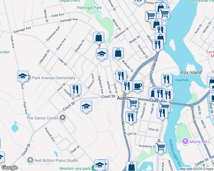 map of restaurants, bars, coffee shops, grocery stores, and more near 12 Highland Avenue in Auburn