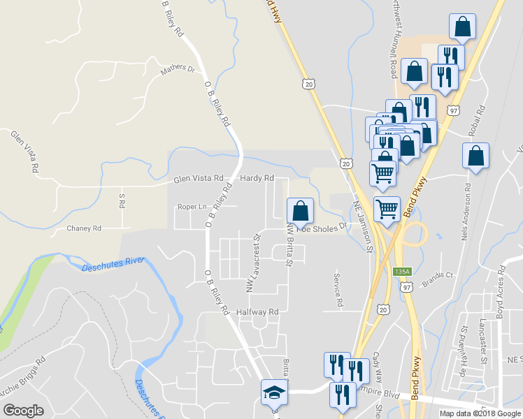 map of restaurants, bars, coffee shops, grocery stores, and more near 63325 Lavacrest St in Bend