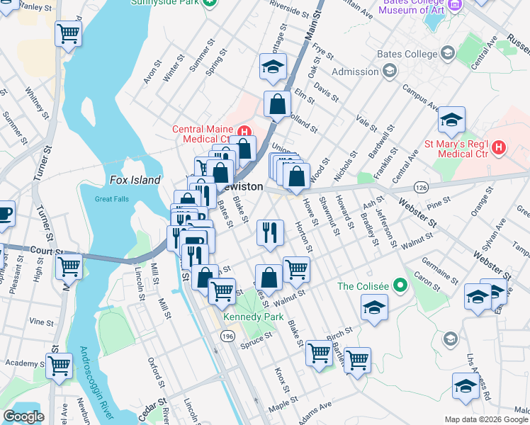 map of restaurants, bars, coffee shops, grocery stores, and more near 70 Blake Street in Lewiston