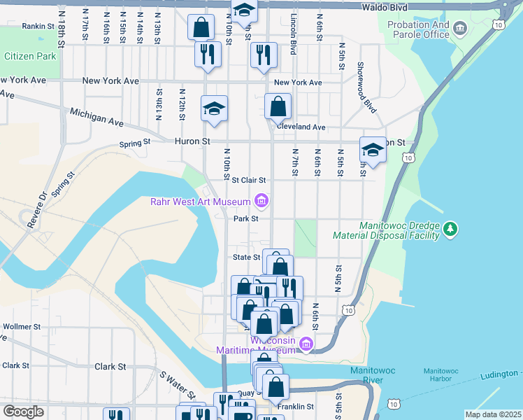 map of restaurants, bars, coffee shops, grocery stores, and more near 610 North 8th Street in Manitowoc