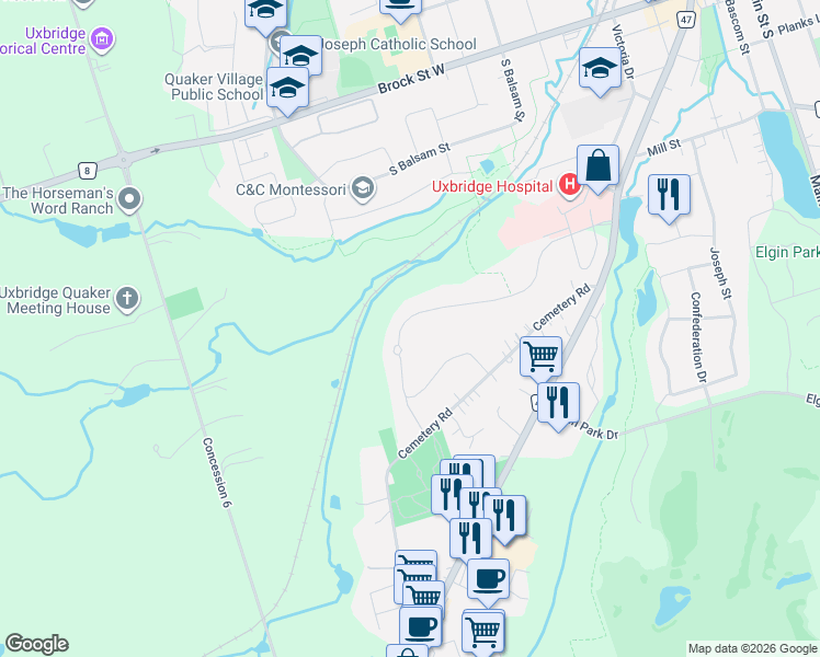 map of restaurants, bars, coffee shops, grocery stores, and more near 33 Campbell Drive in Uxbridge