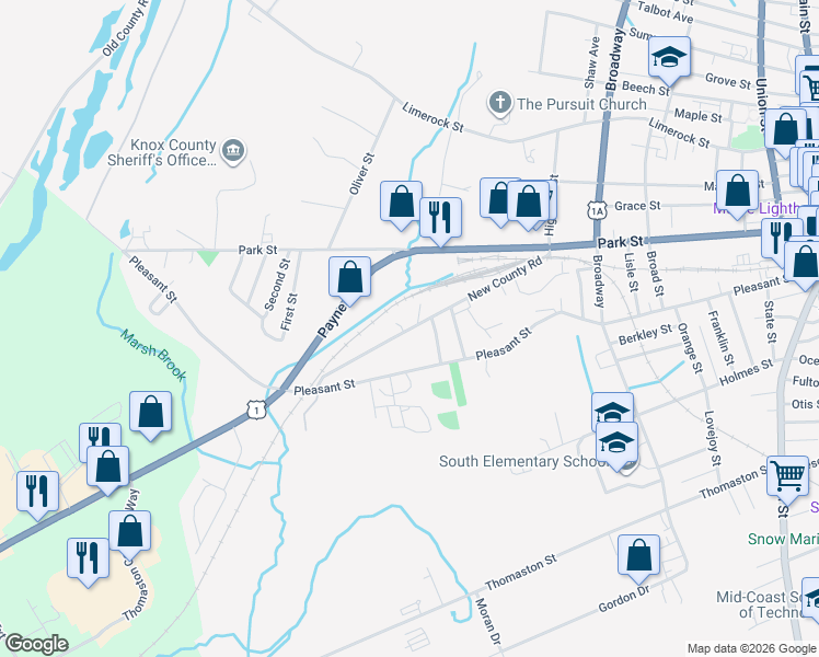 map of restaurants, bars, coffee shops, grocery stores, and more near 117 New County Road in Rockland