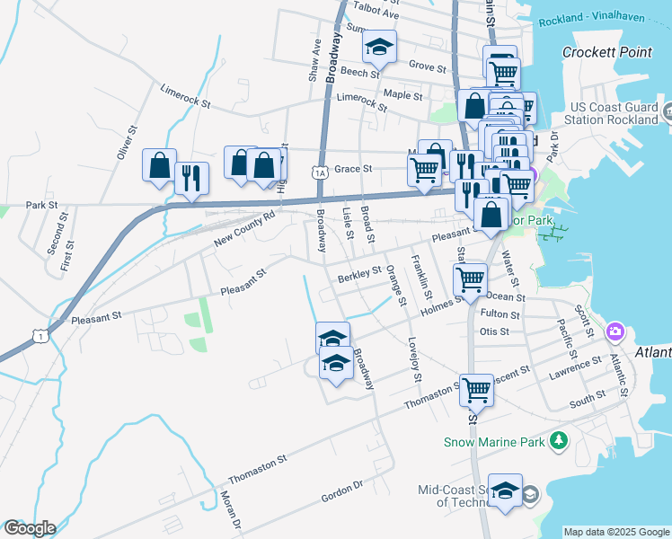 map of restaurants, bars, coffee shops, grocery stores, and more near 105 Pleasant Street in Rockland