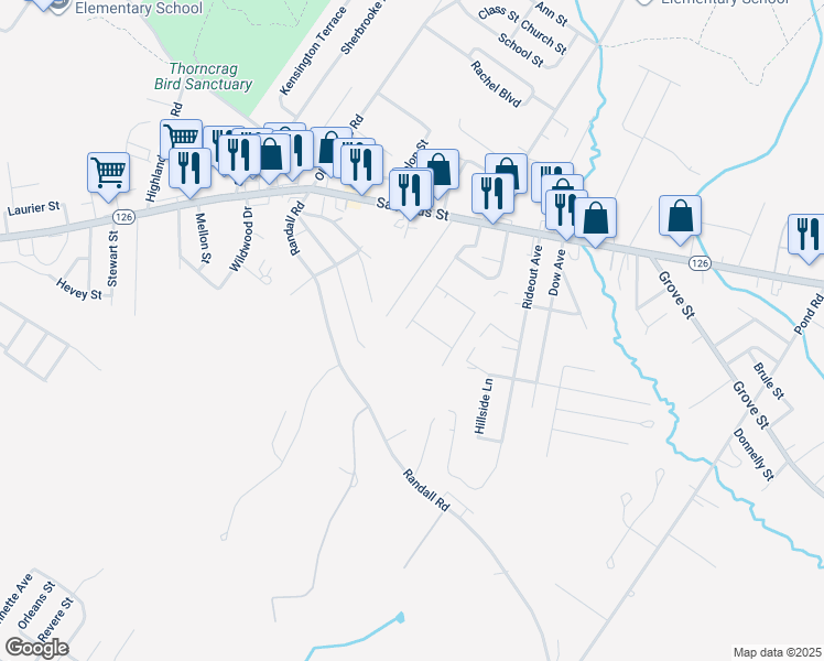 map of restaurants, bars, coffee shops, grocery stores, and more near 75 Cram Avenue in Lewiston