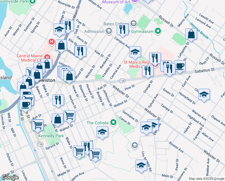 map of restaurants, bars, coffee shops, grocery stores, and more near 211 Sabattus Street in Lewiston