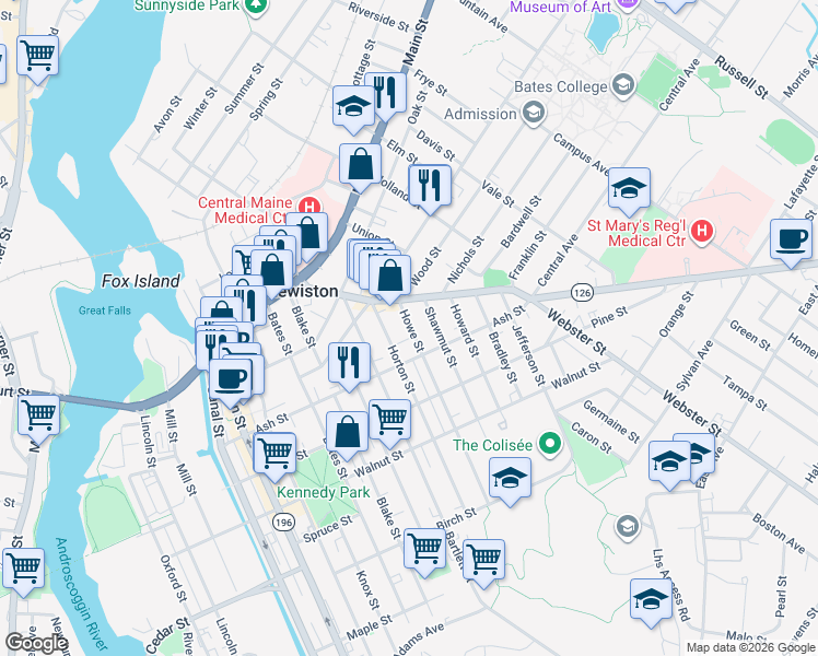 map of restaurants, bars, coffee shops, grocery stores, and more near 93 Sabattus Street in Lewiston