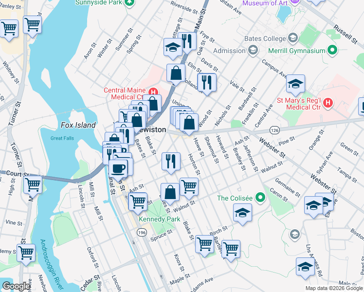 map of restaurants, bars, coffee shops, grocery stores, and more near 63 Maine 126 in Lewiston