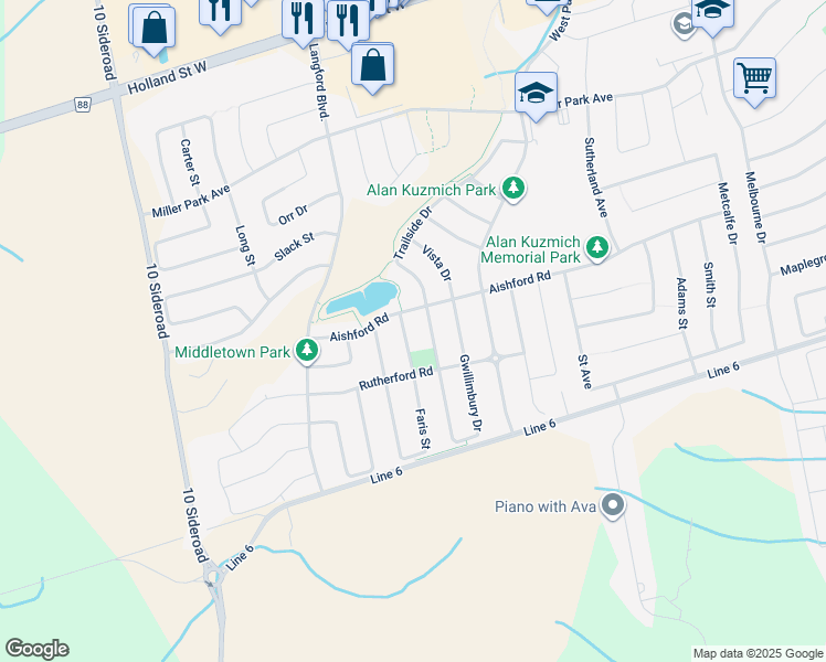 map of restaurants, bars, coffee shops, grocery stores, and more near 134 Aishford Road in Bradford West Gwillimbury