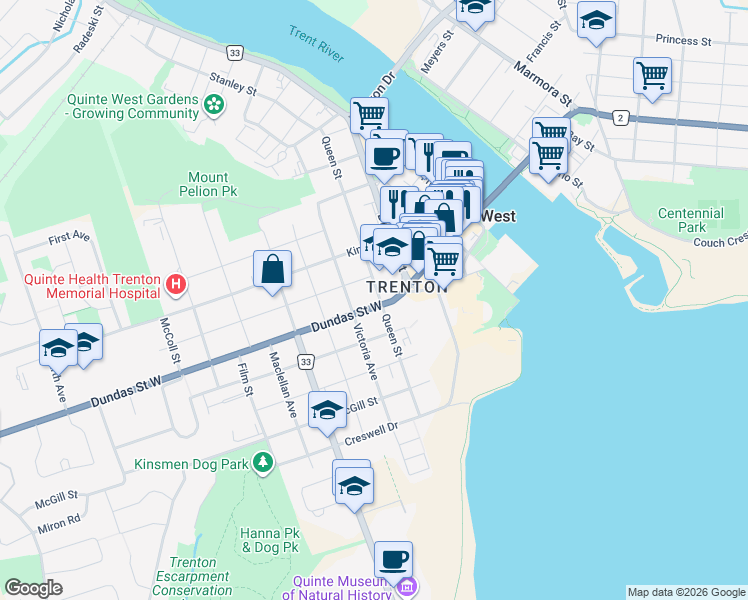 map of restaurants, bars, coffee shops, grocery stores, and more near 146 Dundas Street West in Quinte West